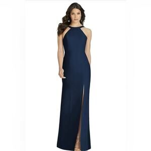 NWT Dessy Collection Vivian Diamond Crepe Halter Trumpet Gown Midnight Navy Sz 2